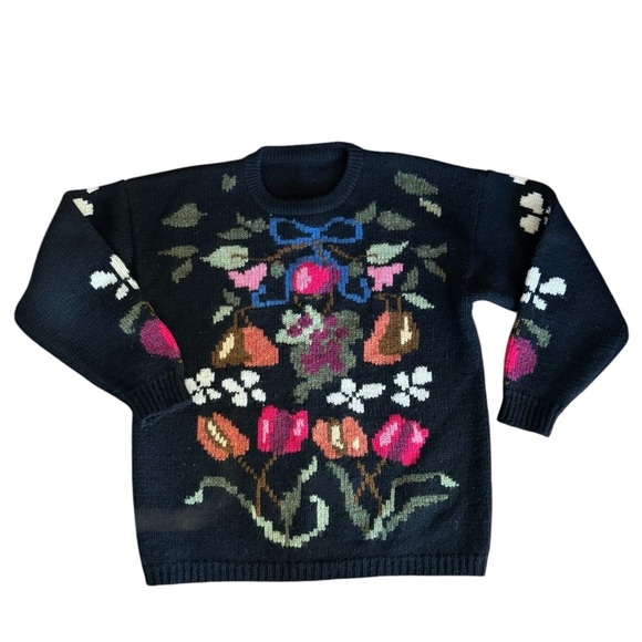 VTG 80’s Susan Bristol Wool Black Cottage-Core Sweater Bright Florals M Crewneck - Picture 1 of 4